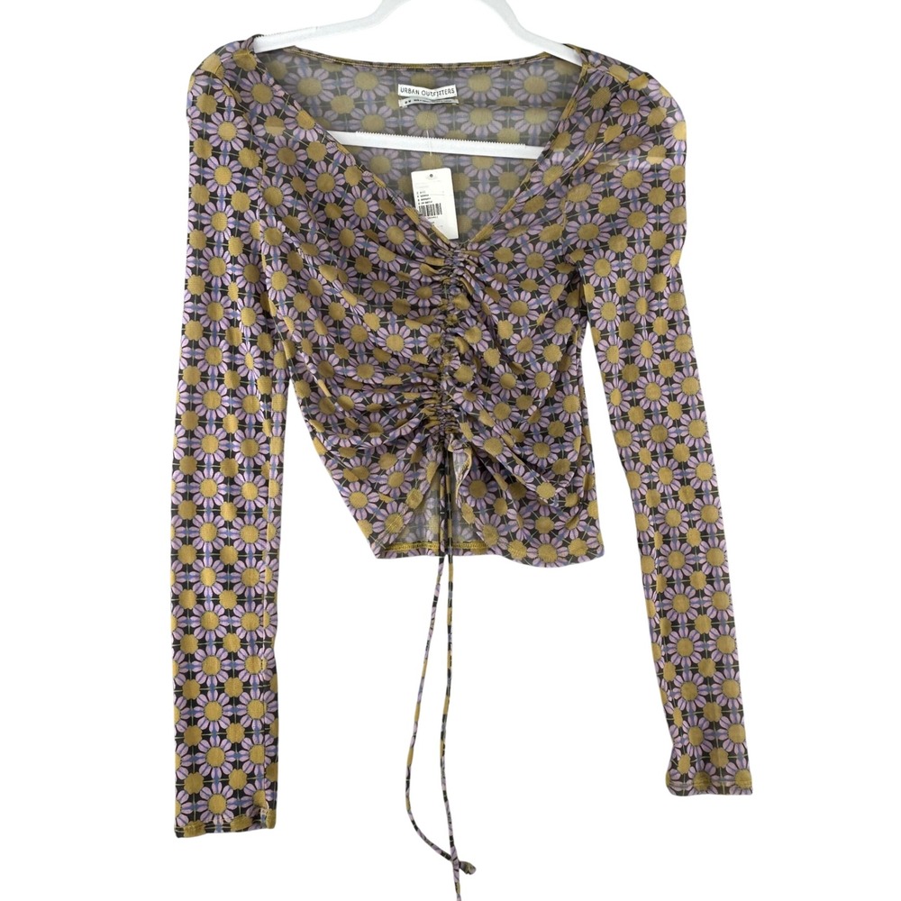 Urban Outfitters Shona Cinched Cropped Mesh Top Floral Retro Sheer Womens Medium